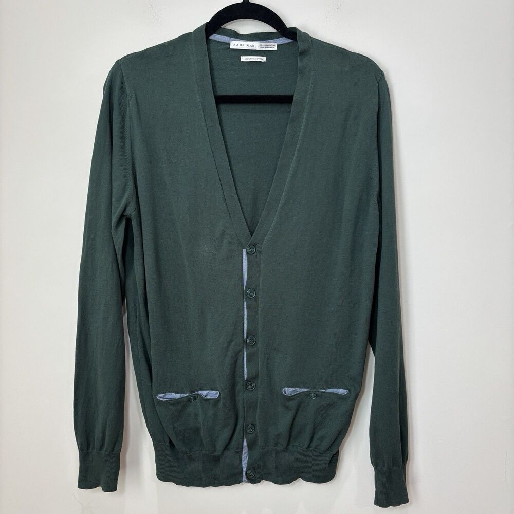 Zara Man Cardigan Men L Kelly Green Elbow Patch Heritage Academia Grandpa